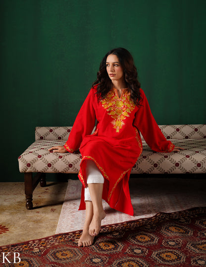 Kashmiri Golden Yellow Aari Embroidered Woollen Phiran – Red | Timeless Winter Wear - Kashmir Box