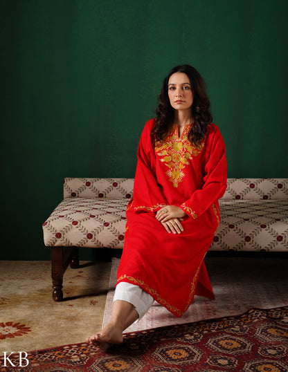 Kashmiri Golden Yellow Aari Embroidered Woollen Phiran – Red | Timeless Winter Wear - Kashmir Box