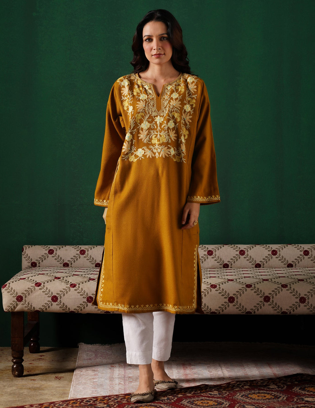 Kashmiri Light Mustard Aari Embroidered Woollen Phiran – Mustard | Timeless Winter Wear - Kashmir Box