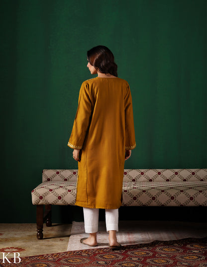 Kashmiri Light Mustard Aari Embroidered Woollen Phiran – Mustard | Timeless Winter Wear - Kashmir Box