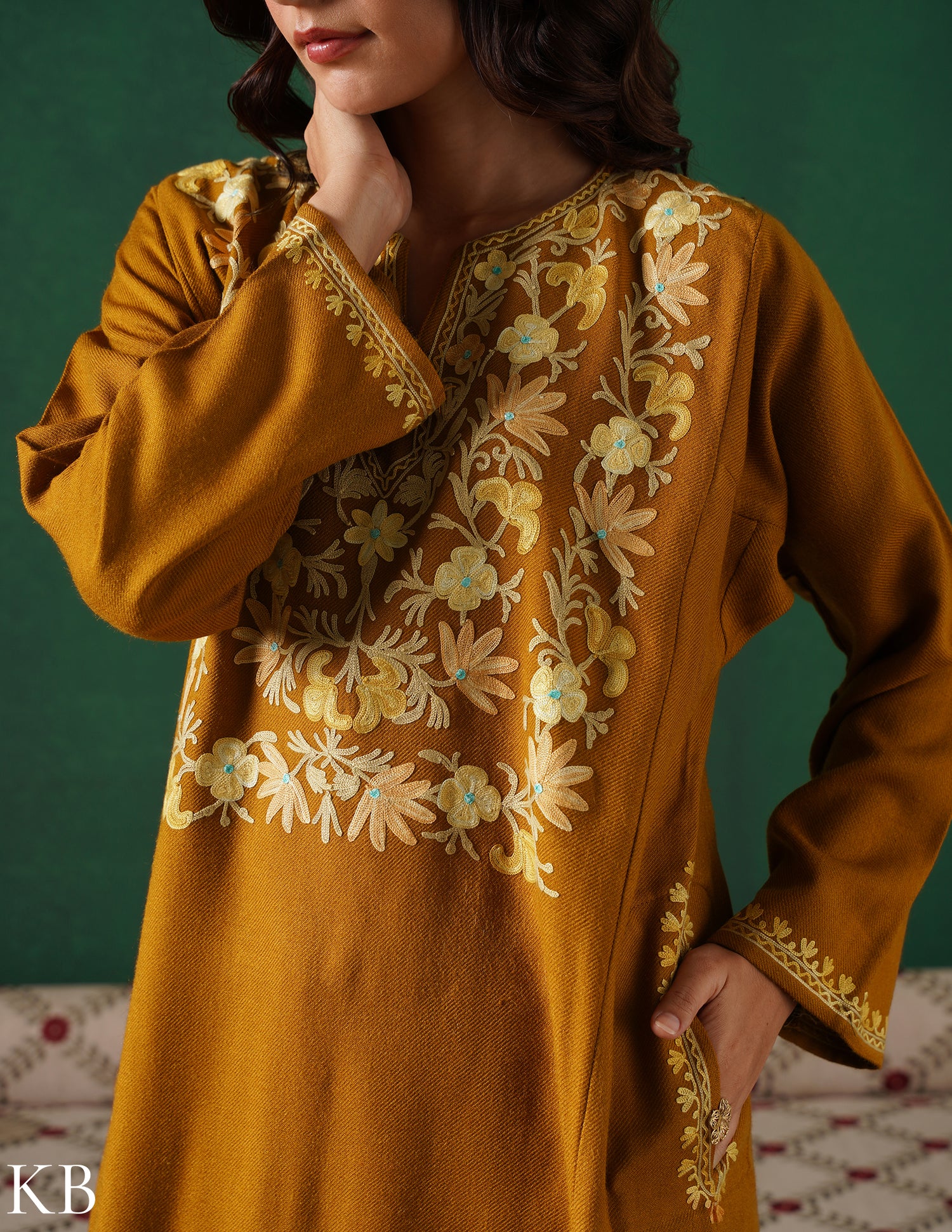 Kashmiri Light Mustard Aari Embroidered Woollen Phiran – Mustard | Timeless Winter Wear - Kashmir Box