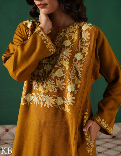 Kashmiri Light Mustard Aari Embroidered Woollen Phiran – Mustard | Timeless Winter Wear - Kashmir Box