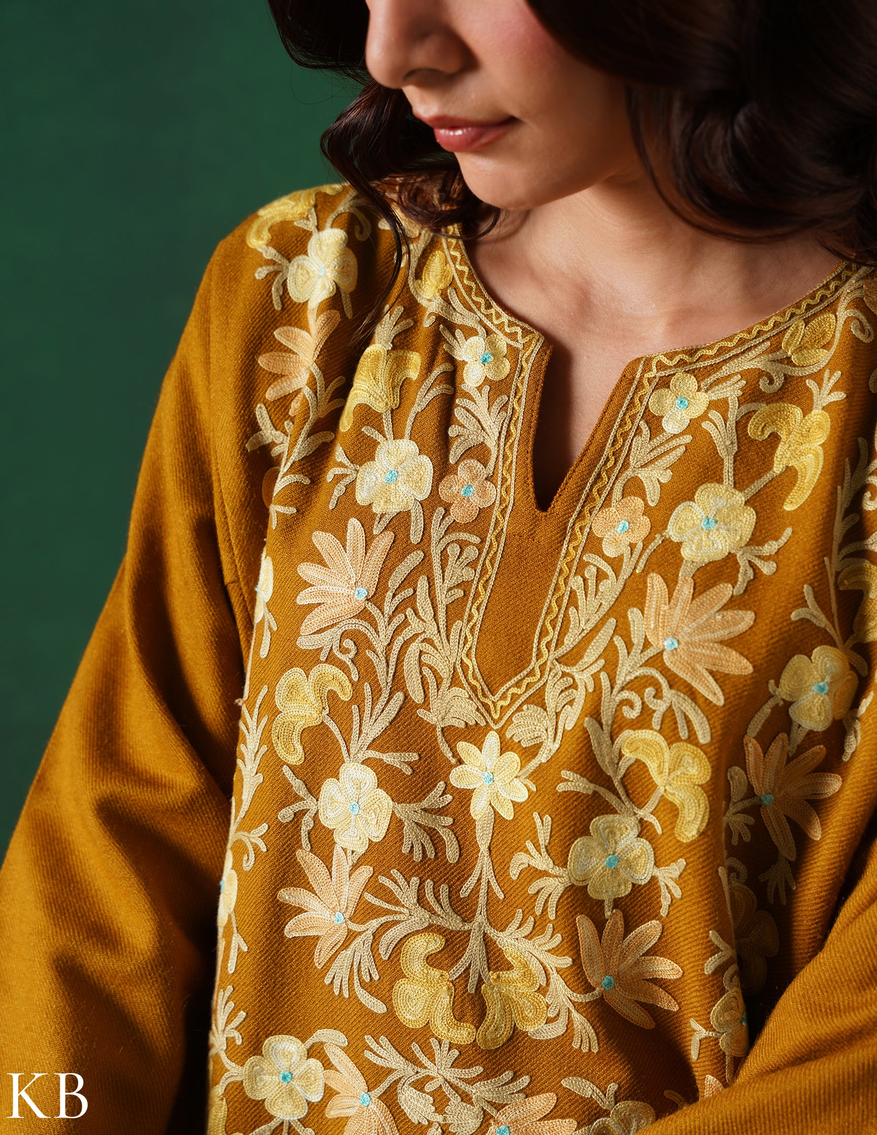 Kashmiri Light Mustard Aari Embroidered Woollen Phiran – Mustard | Timeless Winter Wear - Kashmir Box