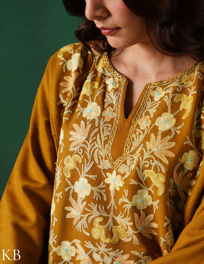 Kashmiri Light Mustard Aari Embroidered Woollen Phiran – Mustard | Timeless Winter Wear - Kashmir Box