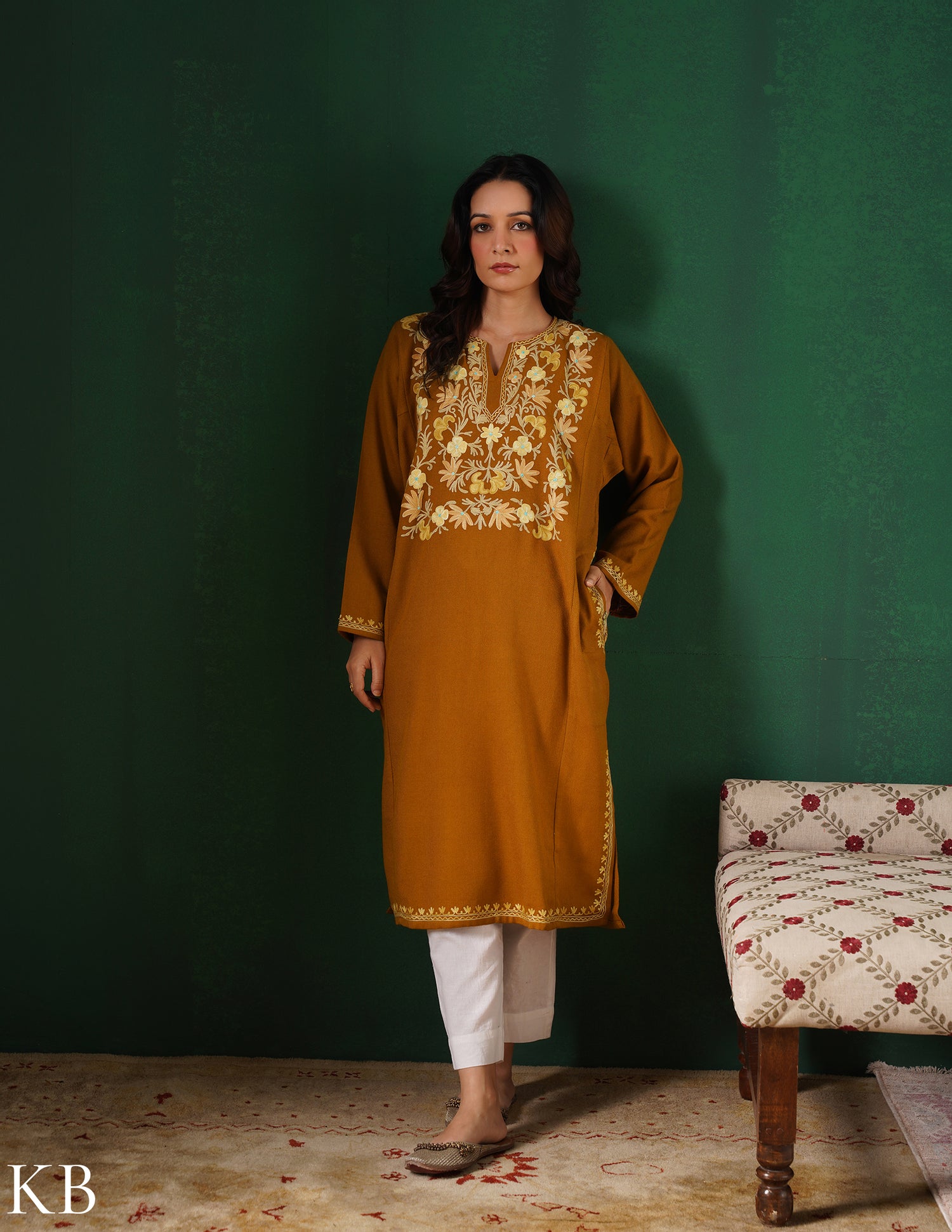 Kashmiri Light Mustard Aari Embroidered Woollen Phiran – Mustard | Timeless Winter Wear - Kashmir Box