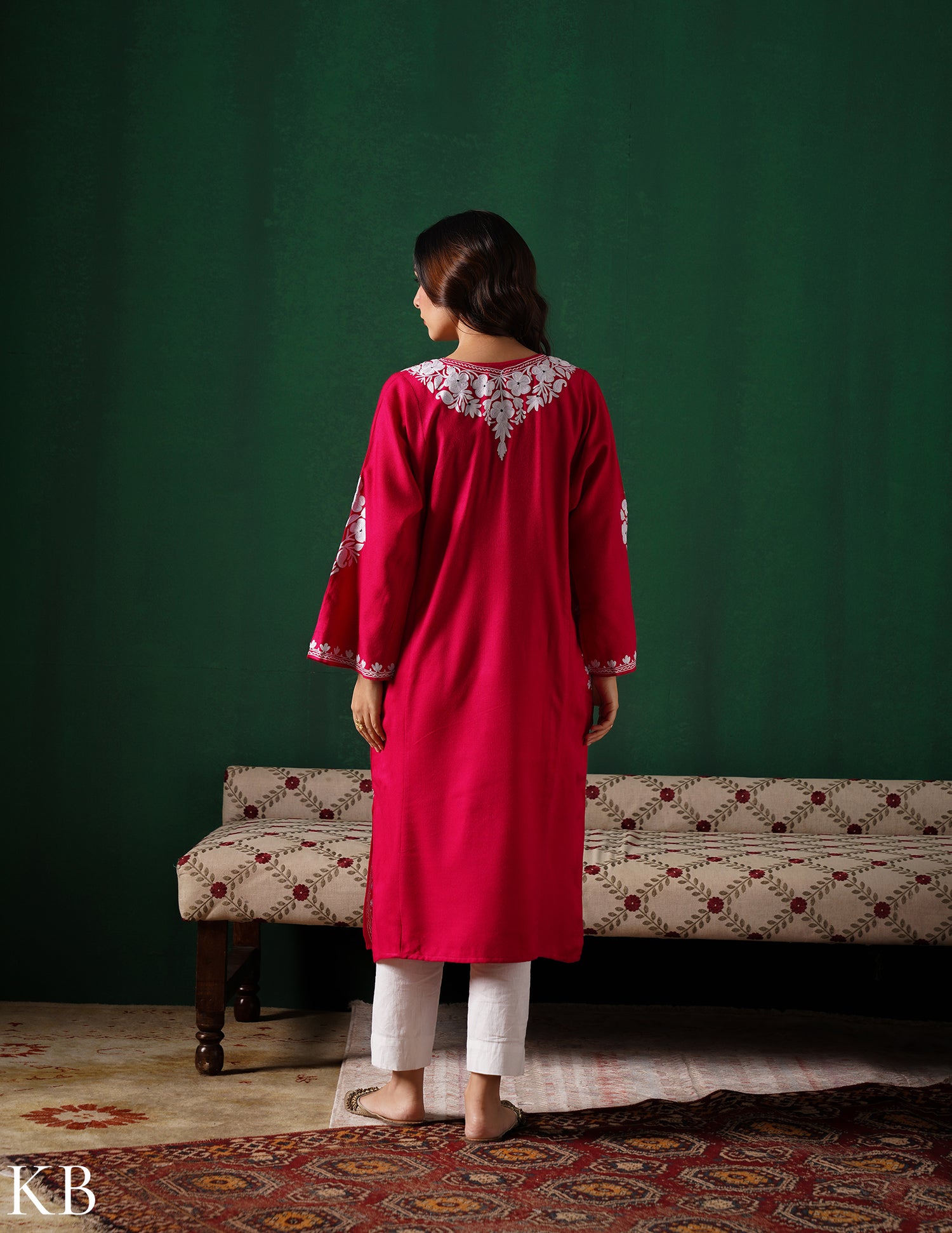 Kashmiri White Aari Embroidered Woollen Phiran – Pink | Timeless Winter Wear - Kashmir Box