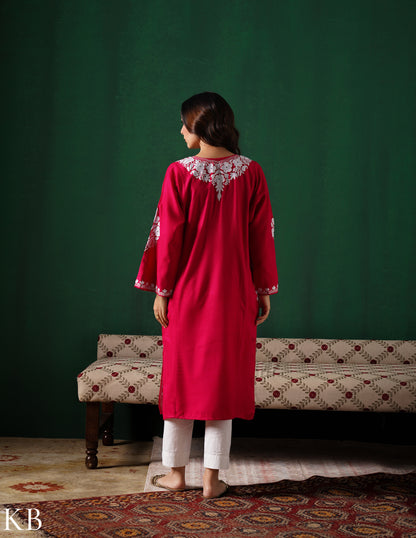 Kashmiri White Aari Embroidered Woollen Phiran – Pink | Timeless Winter Wear - Kashmir Box