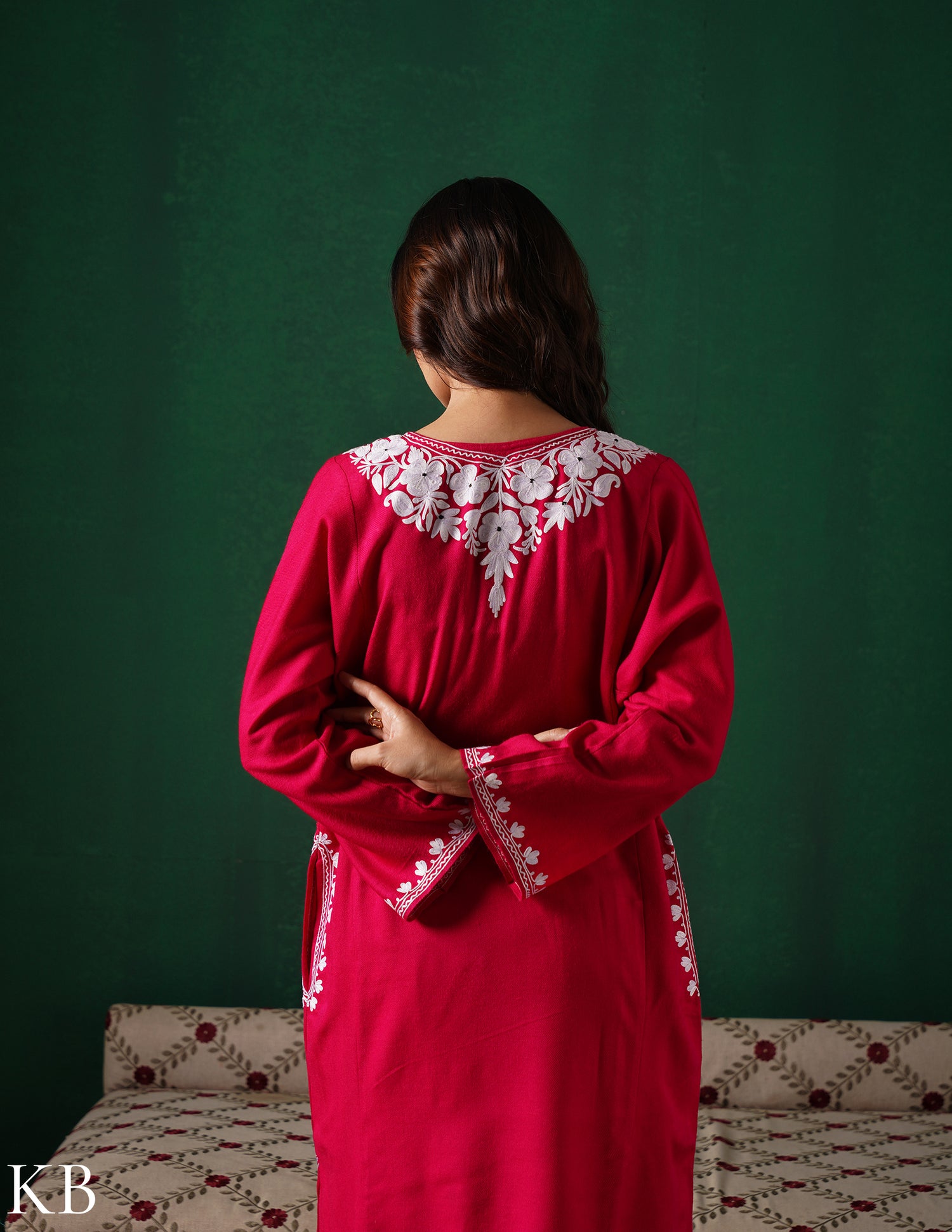 Kashmiri White Aari Embroidered Woollen Phiran – Pink | Timeless Winter Wear - Kashmir Box