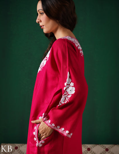 Kashmiri White Aari Embroidered Woollen Phiran – Pink | Timeless Winter Wear - Kashmir Box