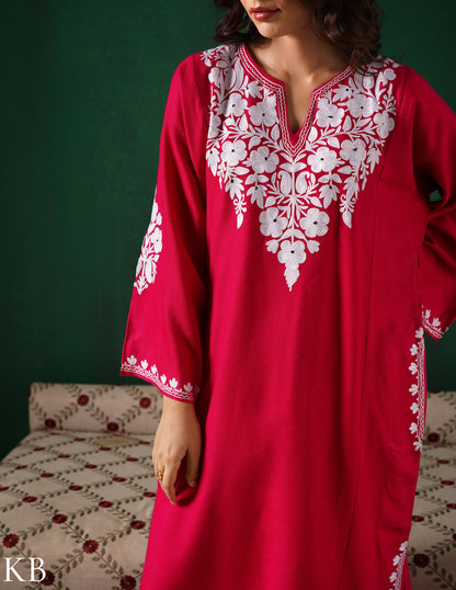 Kashmiri White Aari Embroidered Woollen Phiran – Pink | Timeless Winter Wear - Kashmir Box