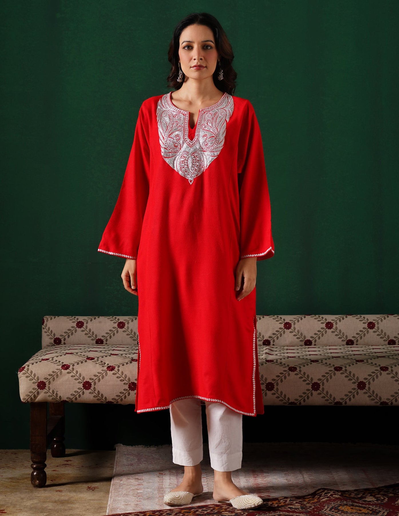 Kashmiri Silver Boti Tilla Embroidered Woollen Phiran – Blood Red | Handcrafted Heritage - Kashmir Box