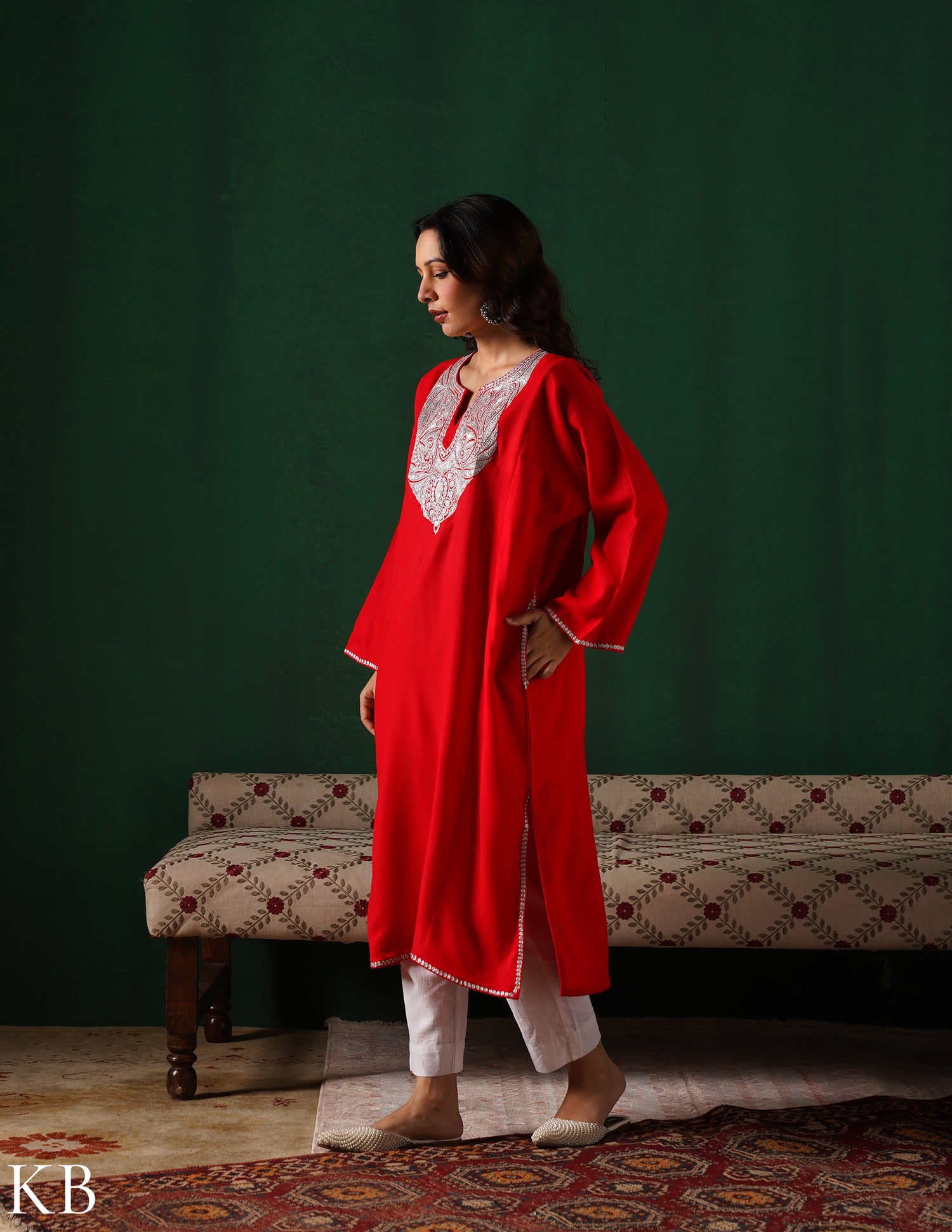 Kashmiri Silver Boti Tilla Embroidered Woollen Phiran – Blood Red | Handcrafted Heritage - Kashmir Box