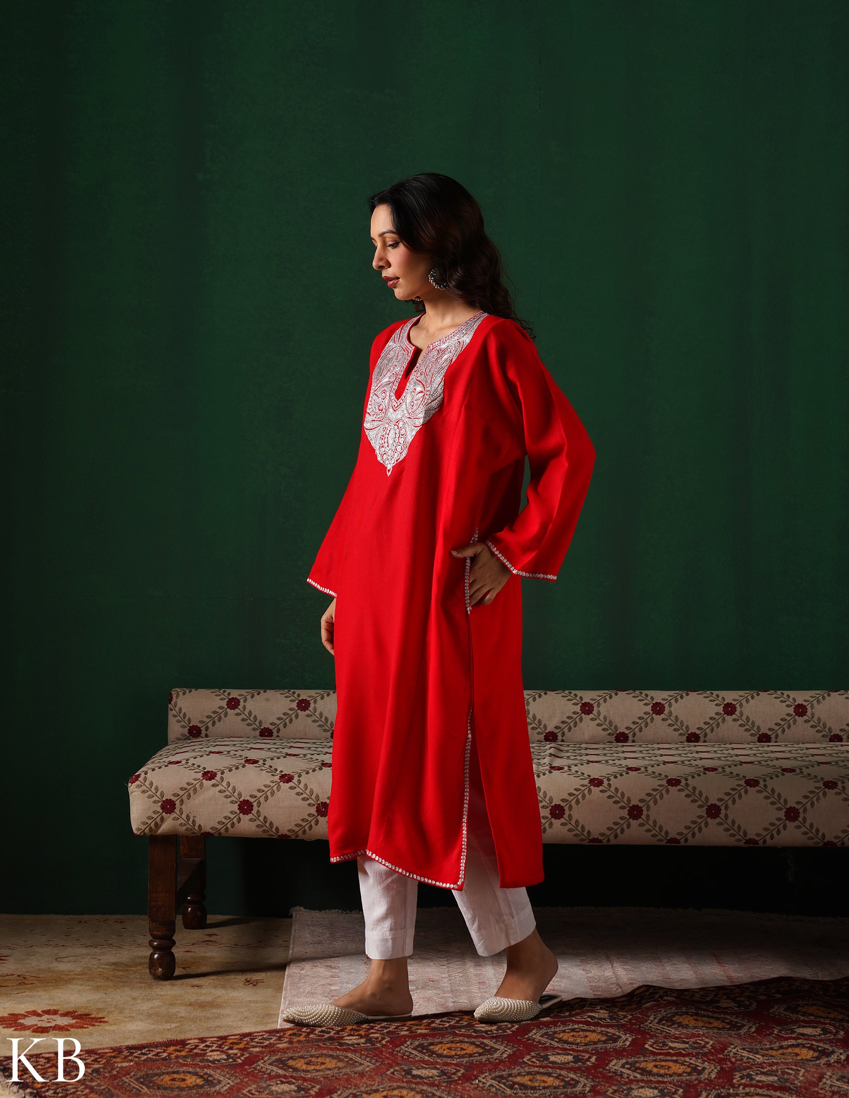 Kashmiri Silver Boti Tilla Embroidered Woollen Phiran – Blood Red | Handcrafted Heritage - Kashmir Box