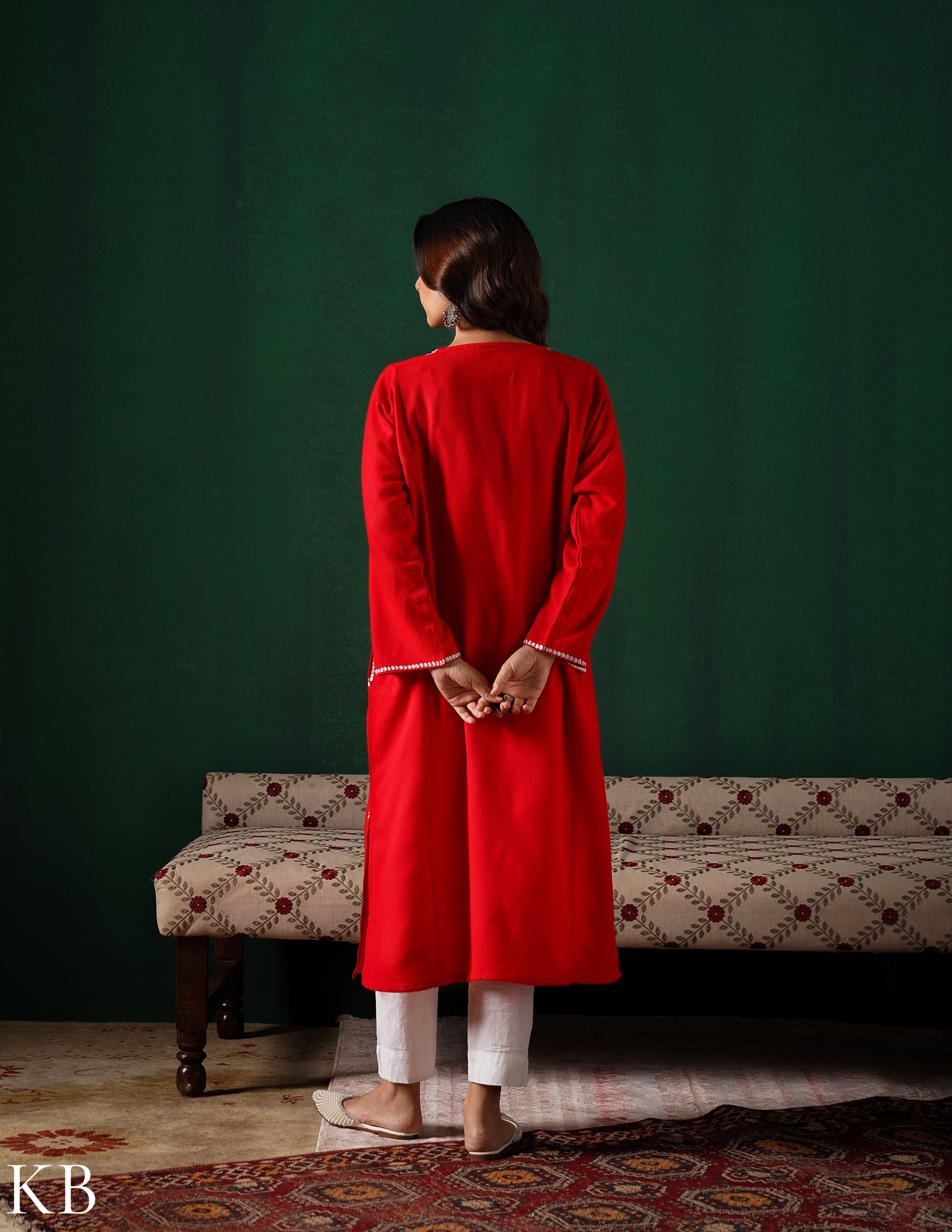 Kashmiri Silver Boti Tilla Embroidered Woollen Phiran – Blood Red | Handcrafted Heritage - Kashmir Box