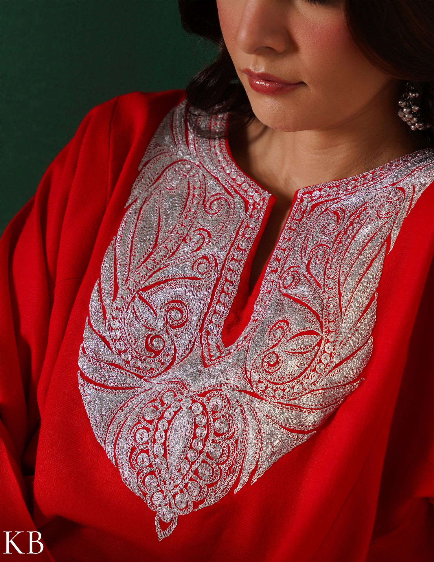 Kashmiri Silver Boti Tilla Embroidered Woollen Phiran – Blood Red | Handcrafted Heritage - Kashmir Box