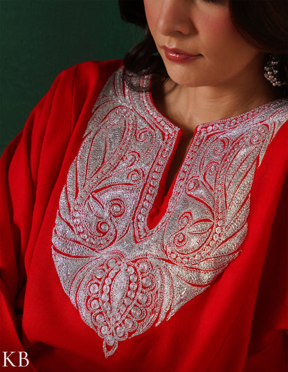 Kashmiri Silver Boti Tilla Embroidered Woollen Phiran – Blood Red | Handcrafted Heritage - Kashmir Box