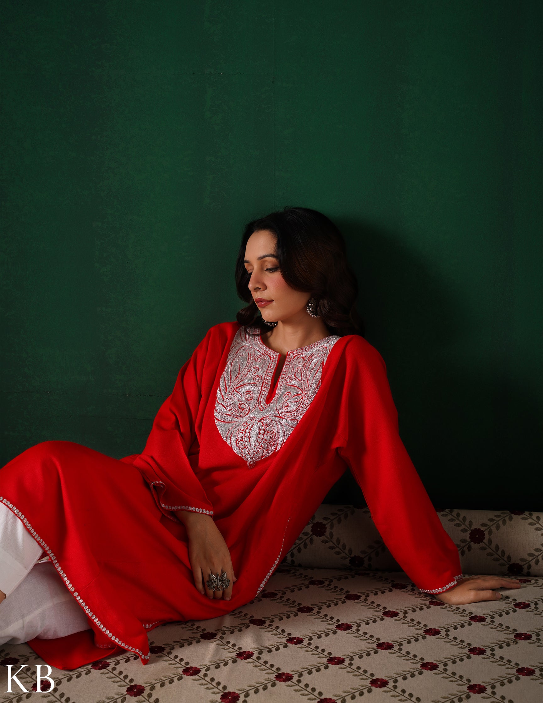 Kashmiri Silver Boti Tilla Embroidered Woollen Phiran – Blood Red | Handcrafted Heritage - Kashmir Box