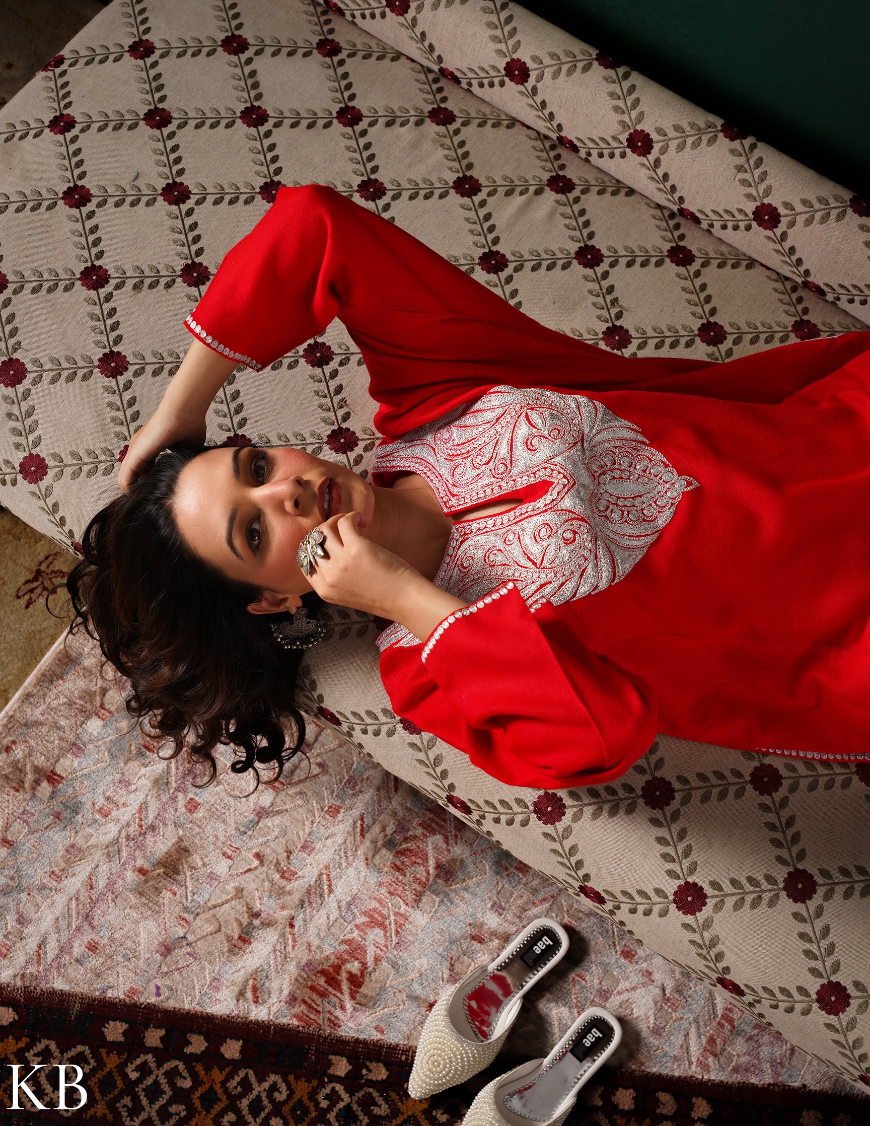 Kashmiri Silver Boti Tilla Embroidered Woollen Phiran – Blood Red | Handcrafted Heritage - Kashmir Box