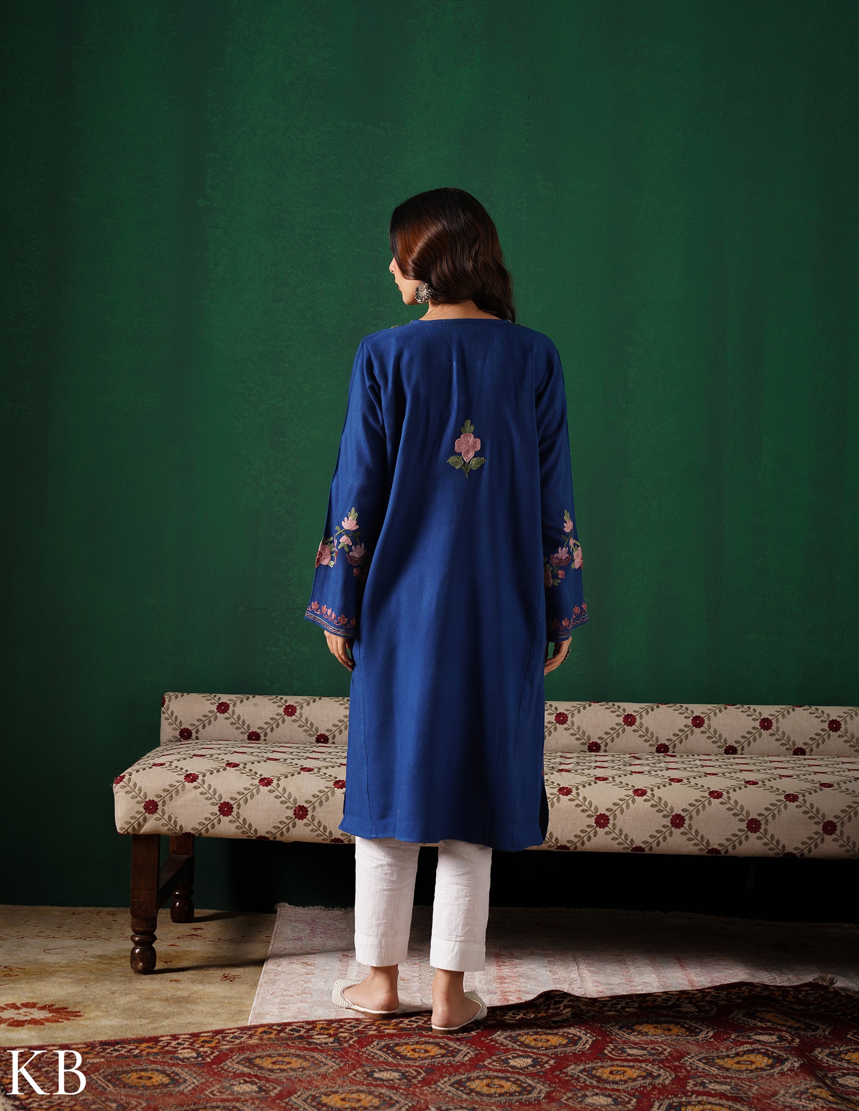 Kashmiri Purple &amp; Green Aari Embroidered Woollen Phiran – Blue | Timeless Winter Wear - Kashmir Box