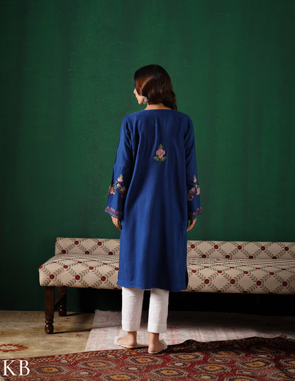 Kashmiri Purple &amp; Green Aari Embroidered Woollen Phiran – Blue | Timeless Winter Wear - Kashmir Box