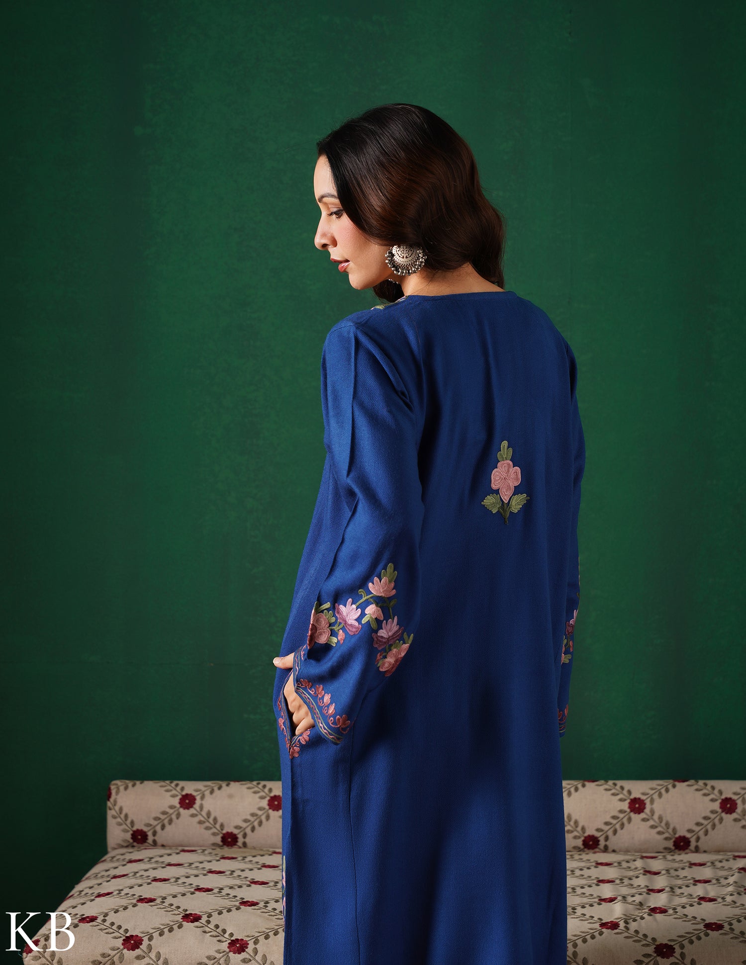 Kashmiri Purple &amp; Green Aari Embroidered Woollen Phiran – Blue | Timeless Winter Wear - Kashmir Box