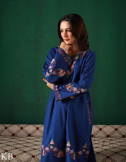 Kashmiri Purple &amp; Green Aari Embroidered Woollen Phiran – Blue | Timeless Winter Wear - Kashmir Box