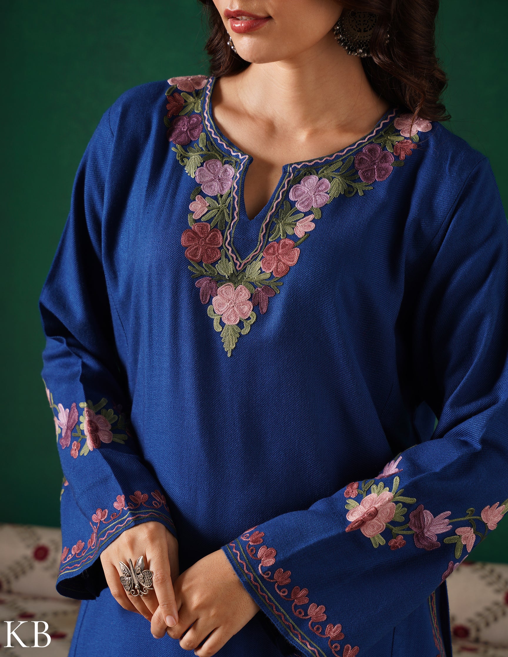 Kashmiri Purple &amp; Green Aari Embroidered Woollen Phiran – Blue | Timeless Winter Wear - Kashmir Box