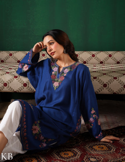 Kashmiri Purple &amp; Green Aari Embroidered Woollen Phiran – Blue | Timeless Winter Wear - Kashmir Box