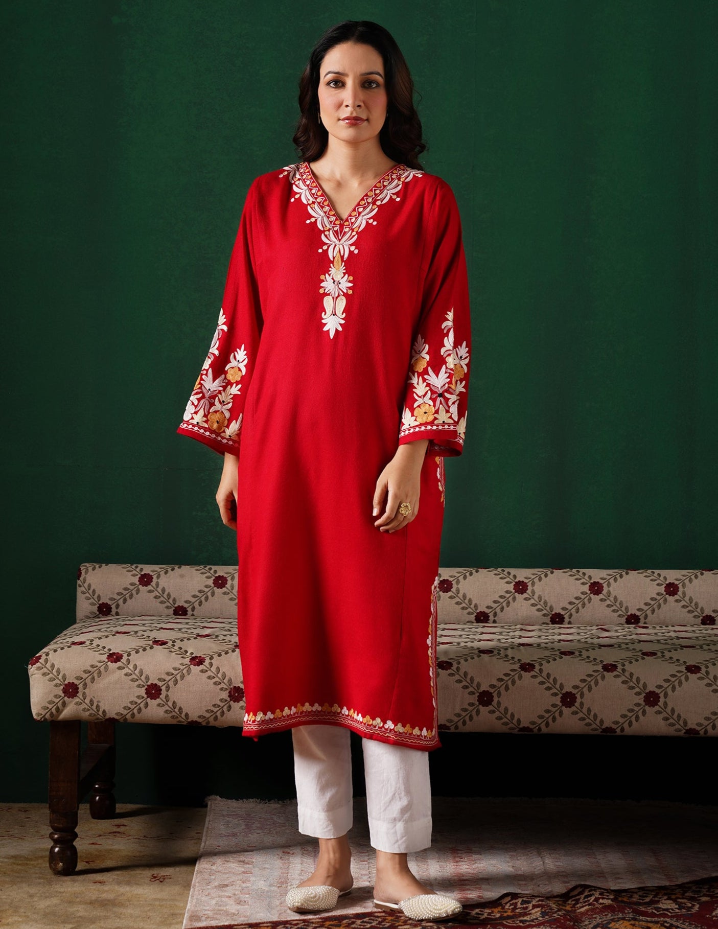 Kashmiri Light Yellow &amp; White Aari Embroidered Woollen Phiran – Red | Timeless Winter Wear - Kashmir Box