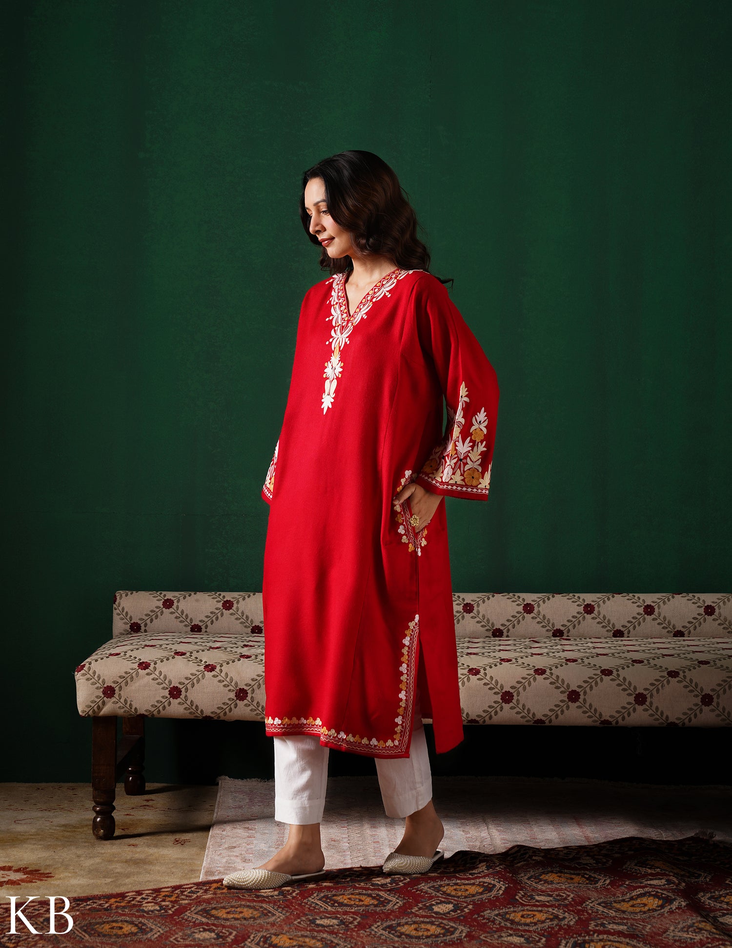 Kashmiri Light Yellow &amp; White Aari Embroidered Woollen Phiran – Red | Timeless Winter Wear - Kashmir Box