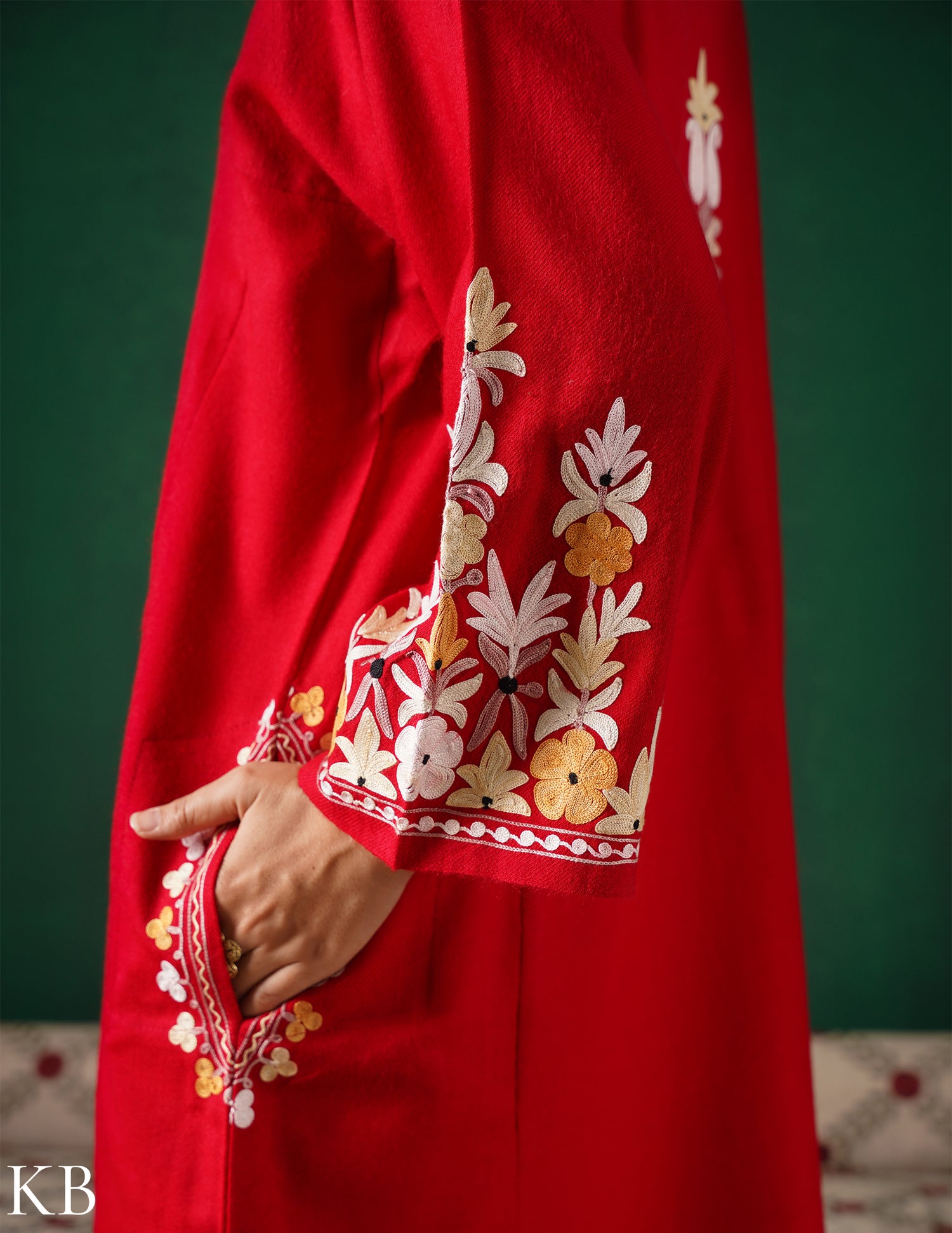 Kashmiri Light Yellow &amp; White Aari Embroidered Woollen Phiran – Red | Timeless Winter Wear - Kashmir Box