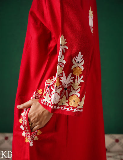 Kashmiri Light Yellow &amp; White Aari Embroidered Woollen Phiran – Red | Timeless Winter Wear - Kashmir Box