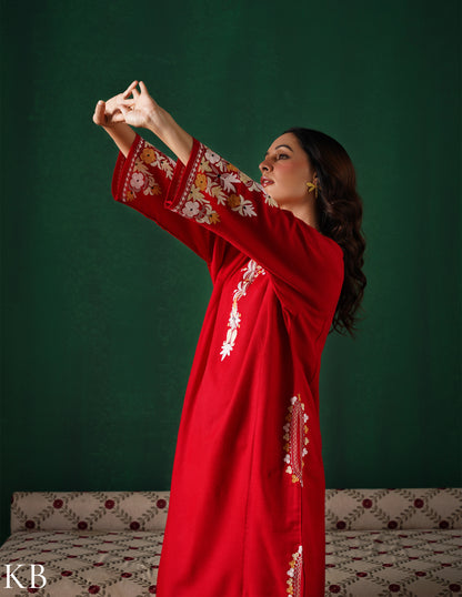 Kashmiri Light Yellow &amp; White Aari Embroidered Woollen Phiran – Red | Timeless Winter Wear - Kashmir Box