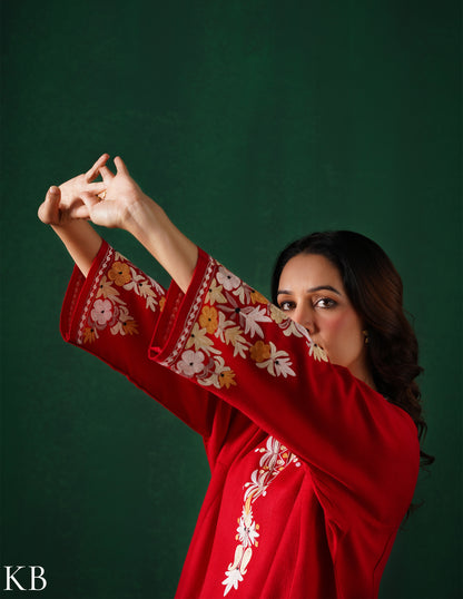 Kashmiri Light Yellow &amp; White Aari Embroidered Woollen Phiran – Red | Timeless Winter Wear - Kashmir Box