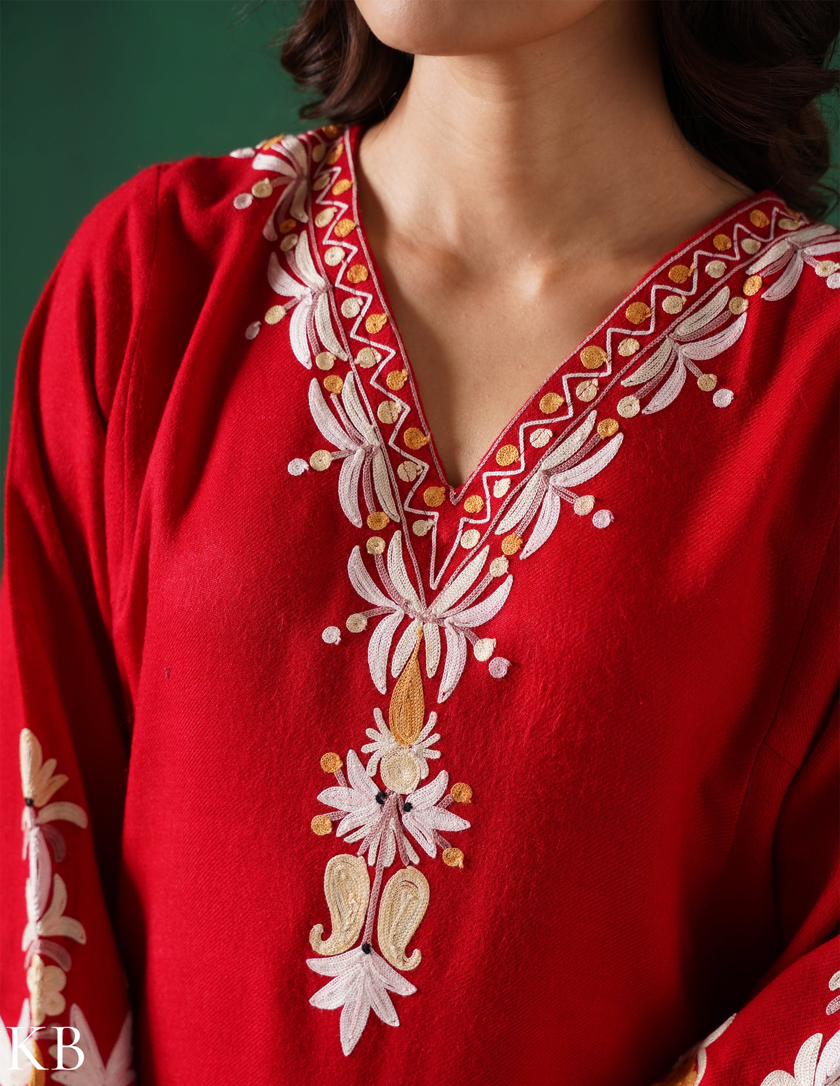 Kashmiri Light Yellow &amp; White Aari Embroidered Woollen Phiran – Red | Timeless Winter Wear - Kashmir Box