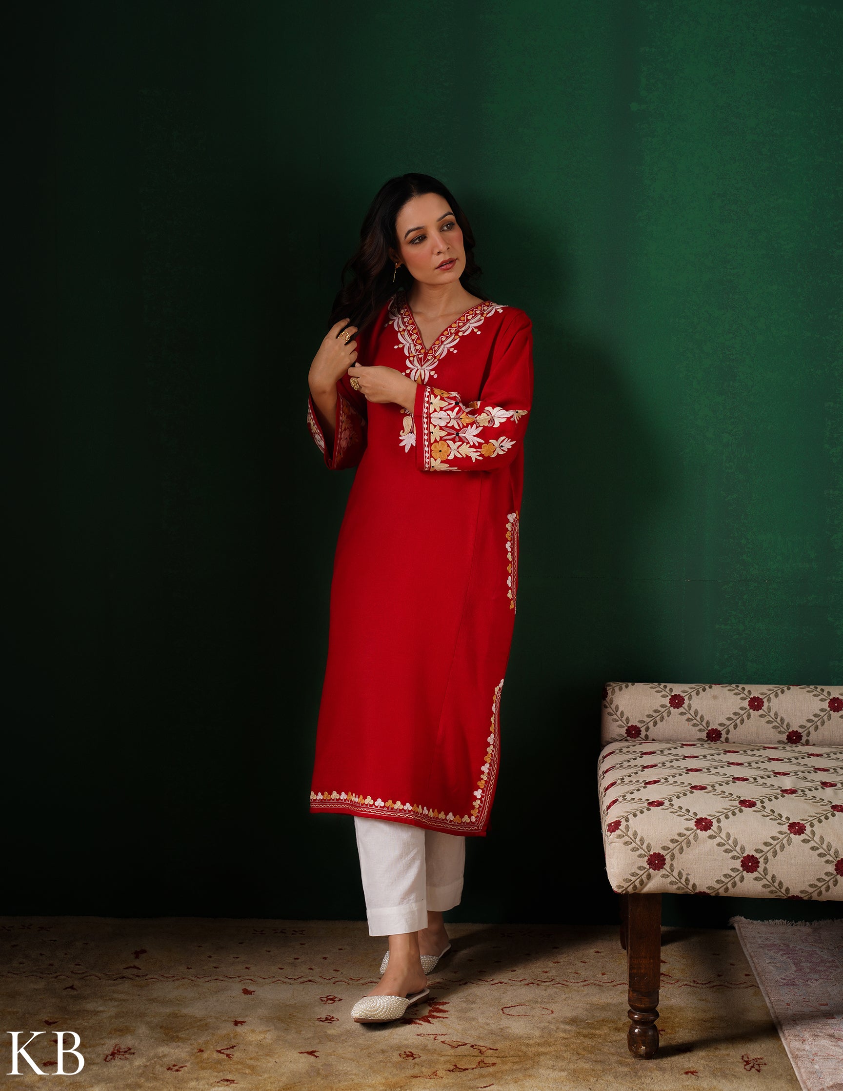 Kashmiri Light Yellow &amp; White Aari Embroidered Woollen Phiran – Red | Timeless Winter Wear - Kashmir Box