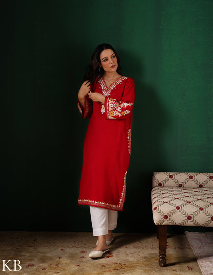 Kashmiri Light Yellow &amp; White Aari Embroidered Woollen Phiran – Red | Timeless Winter Wear - Kashmir Box