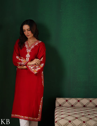 Kashmiri Light Yellow &amp; White Aari Embroidered Woollen Phiran – Red | Timeless Winter Wear - Kashmir Box