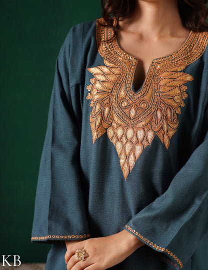 Kashmiri Golden Boti Tilla Embroidered Woollen Phiran – Grey | Handcrafted Heritage - Kashmir Box