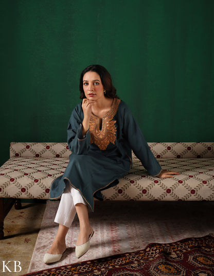 Kashmiri Golden Boti Tilla Embroidered Woollen Phiran – Grey | Handcrafted Heritage - Kashmir Box