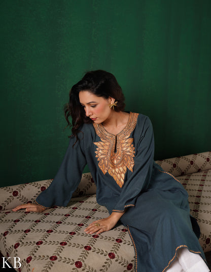 Kashmiri Golden Boti Tilla Embroidered Woollen Phiran – Grey | Handcrafted Heritage - Kashmir Box