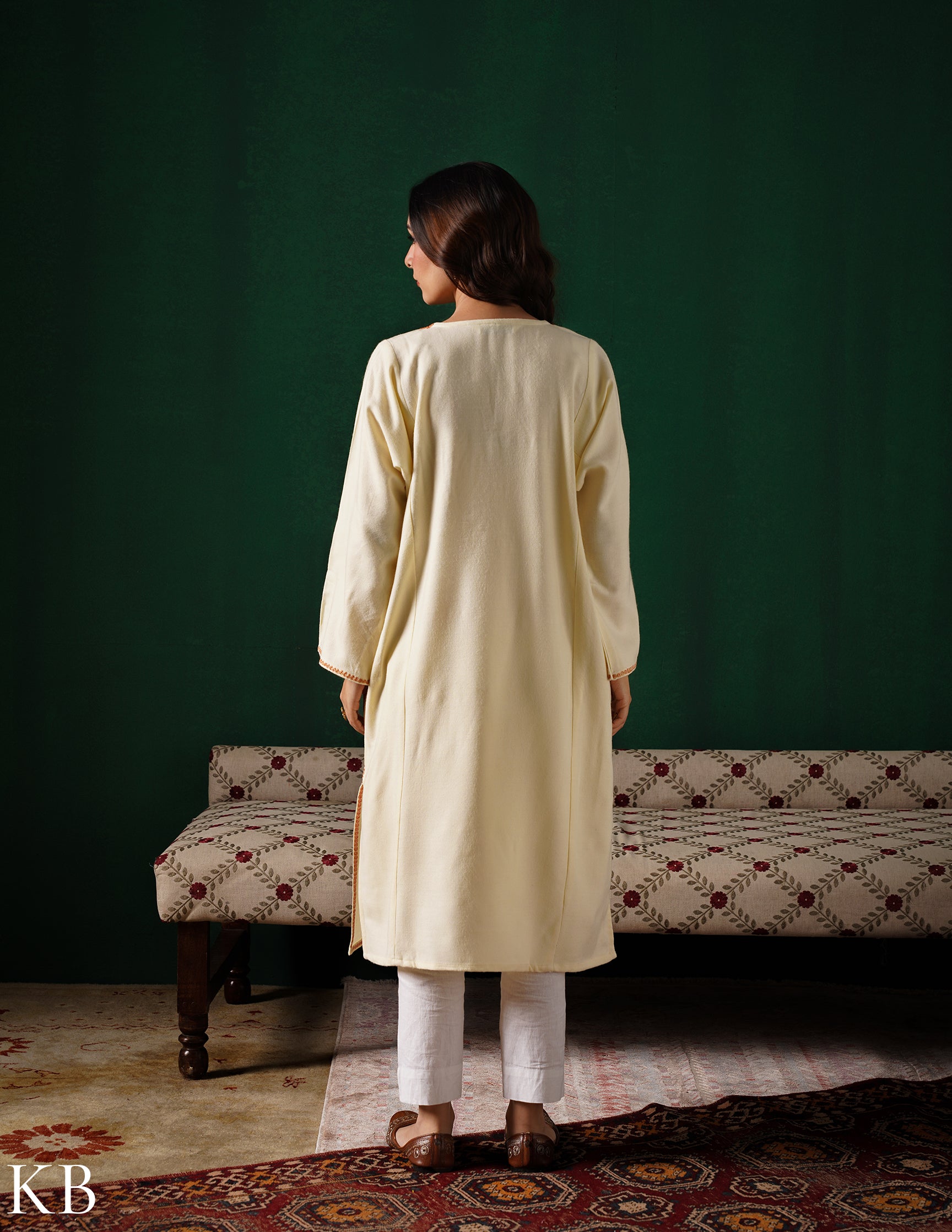 Kashmiri Golden Boti Tilla Embroidered Woollen Phiran – Eggshell White | Handcrafted Heritage - Kashmir Box