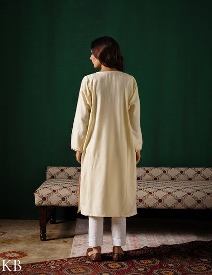 Kashmiri Golden Boti Tilla Embroidered Woollen Phiran – Eggshell White | Handcrafted Heritage - Kashmir Box