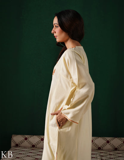 Kashmiri Golden Boti Tilla Embroidered Woollen Phiran – Eggshell White | Handcrafted Heritage - Kashmir Box