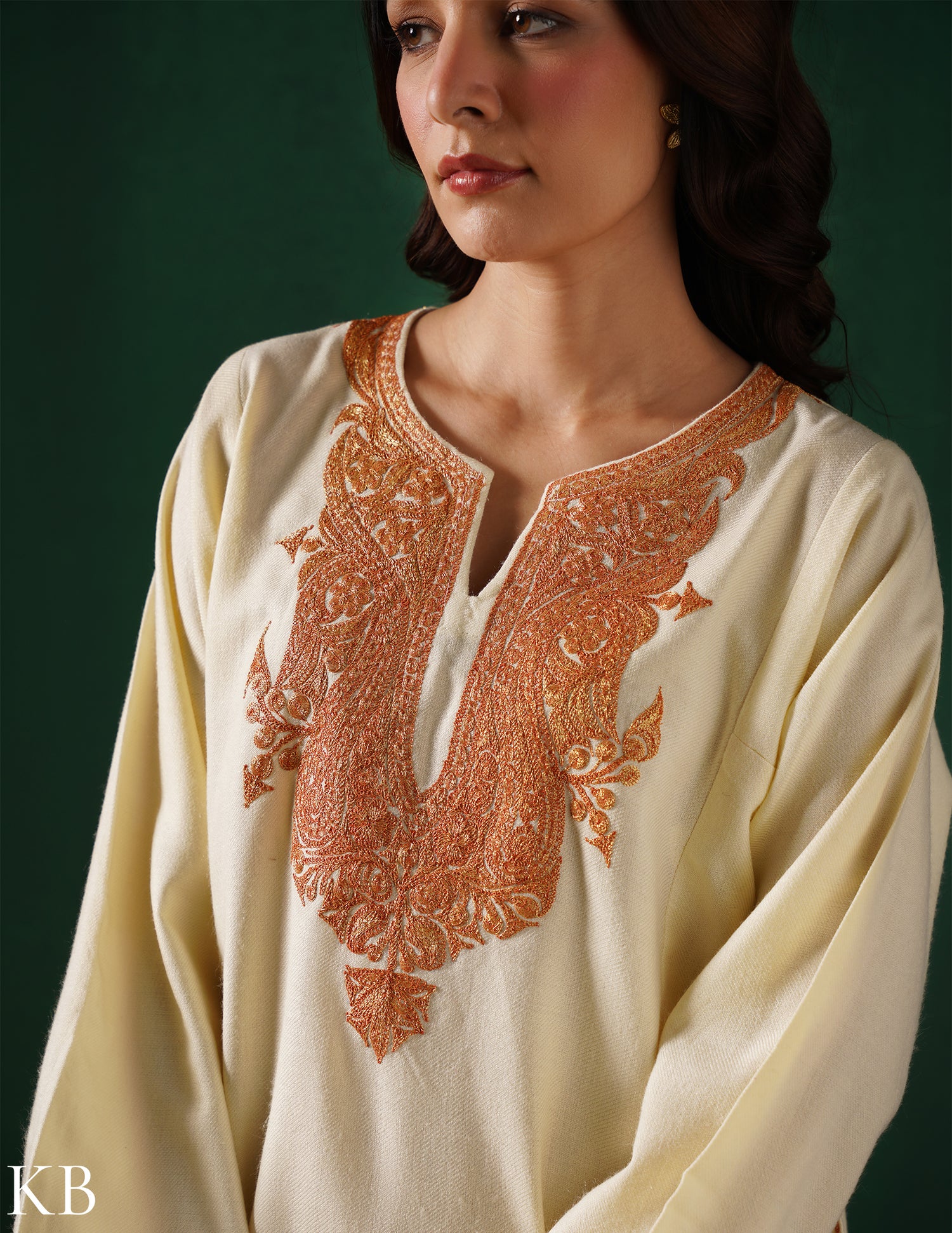 Kashmiri Golden Boti Tilla Embroidered Woollen Phiran – Eggshell White | Handcrafted Heritage - Kashmir Box