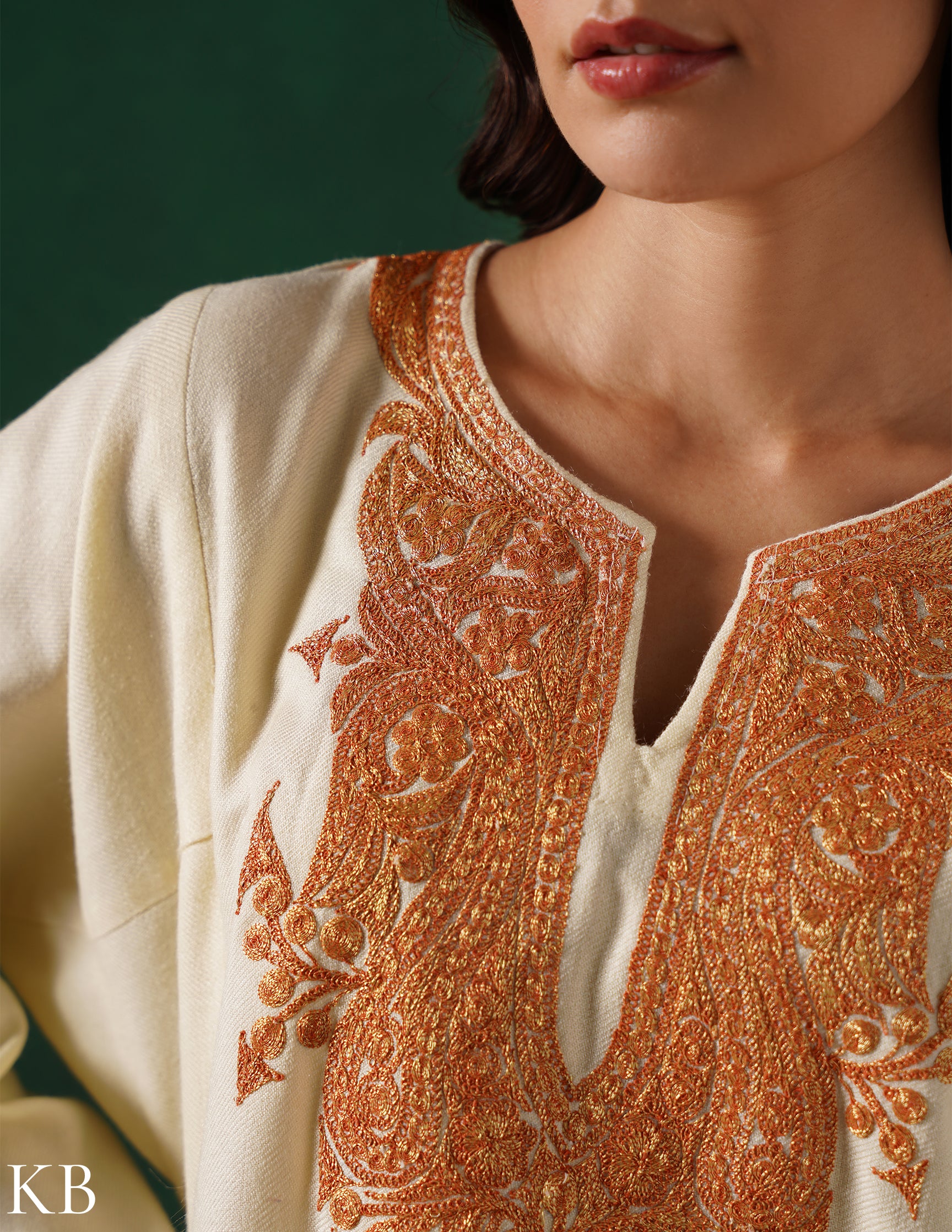 Kashmiri Golden Boti Tilla Embroidered Woollen Phiran – Eggshell White | Handcrafted Heritage - Kashmir Box