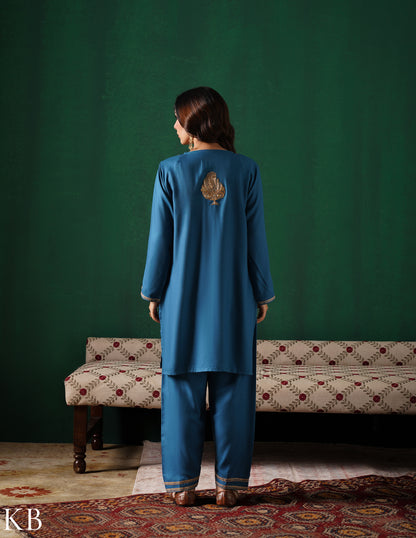 Kashmiri Golden Boti Tilla Embroidered Woollen Coordset – Teal Blue | Handcrafted Heritage - Kashmir Box