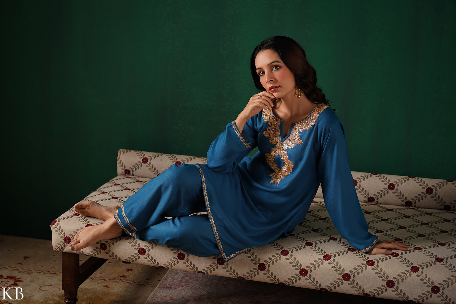 Kashmiri Golden Boti Tilla Embroidered Woollen Coordset – Teal Blue | Handcrafted Heritage - Kashmir Box