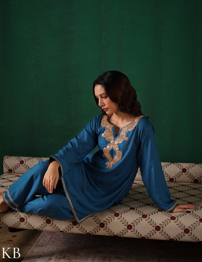 Kashmiri Golden Boti Tilla Embroidered Woollen Coordset – Teal Blue | Handcrafted Heritage - Kashmir Box