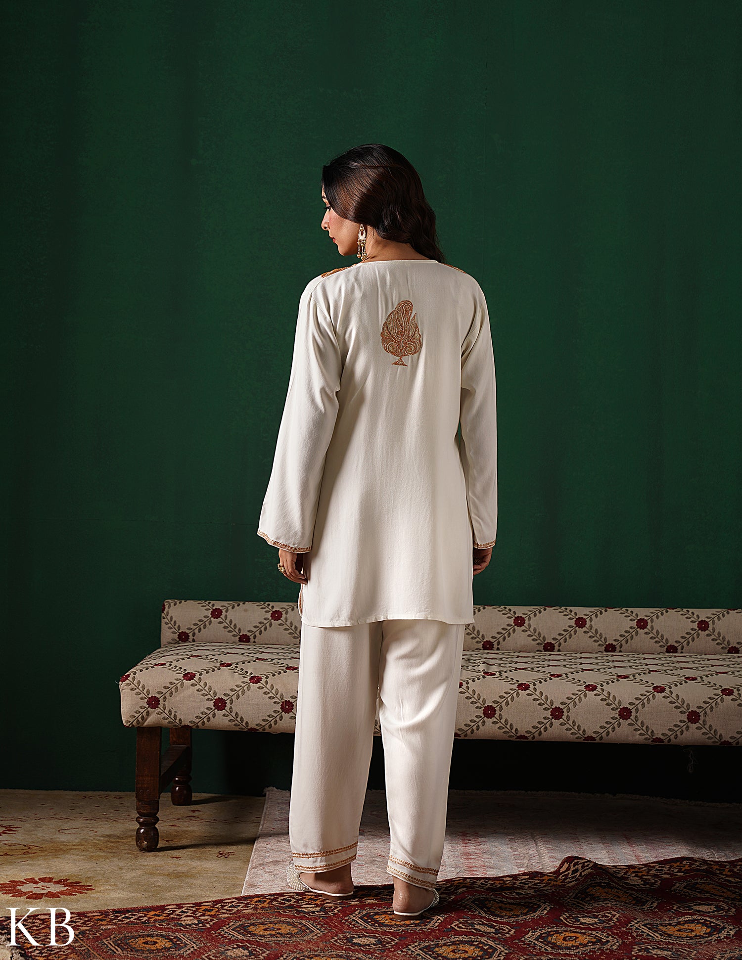 Kashmiri Golden Boti Tilla Embroidered Woollen Coordset – White | Handcrafted Heritage - Kashmir Box